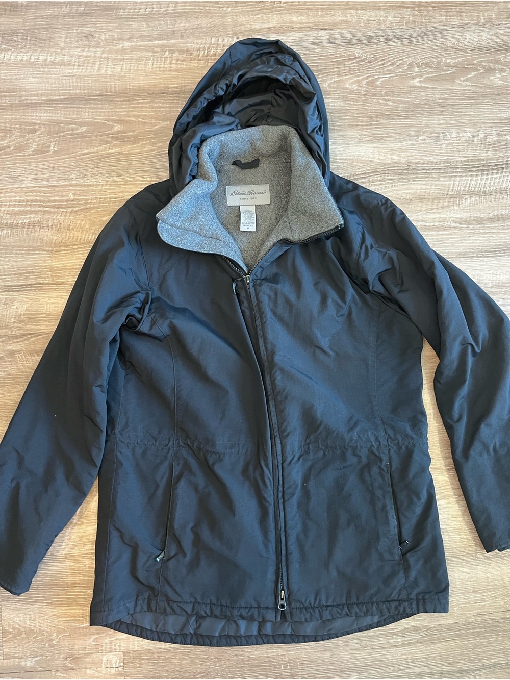 Eddie Bauer Black Hooded Jacket with Grey Fleece Lining Women’s Medium